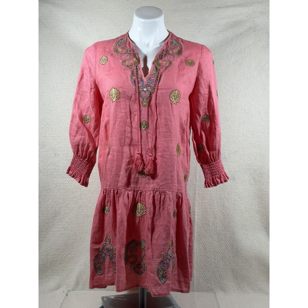 Tyler Boe Pink Linen Embroidered Tassel Dress Shell Print Boho Size XSβ